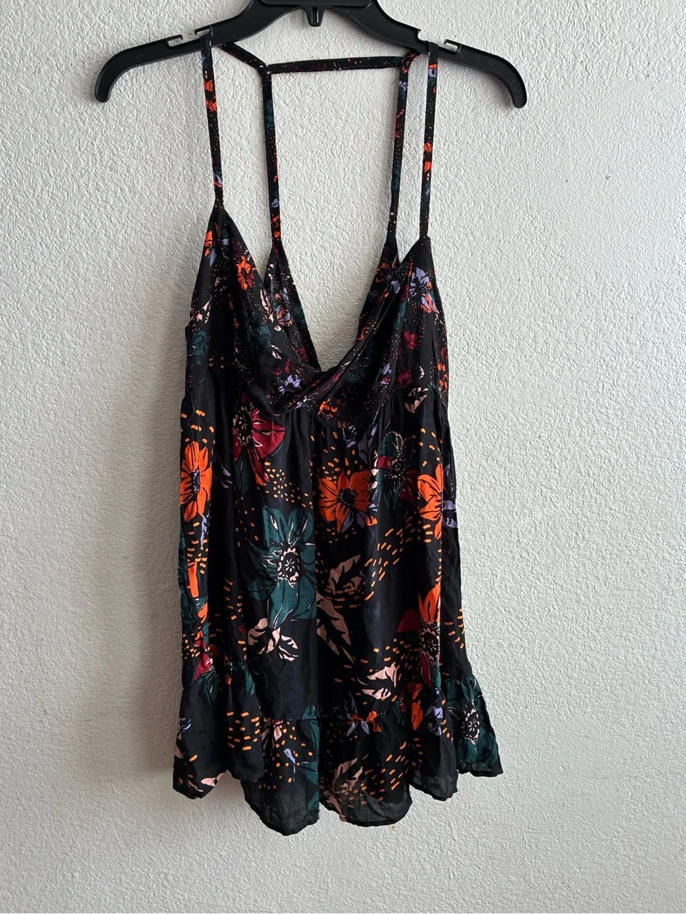 🆕Free People Intimately  Black Floral Spaghetti-Strap Babydoll Tunic Mini Dress